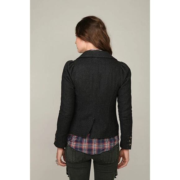 Free People Charcoal Gray Herringbone Gathered Puff Shoulder Wool Blend Jacket - Picture 4 of 16